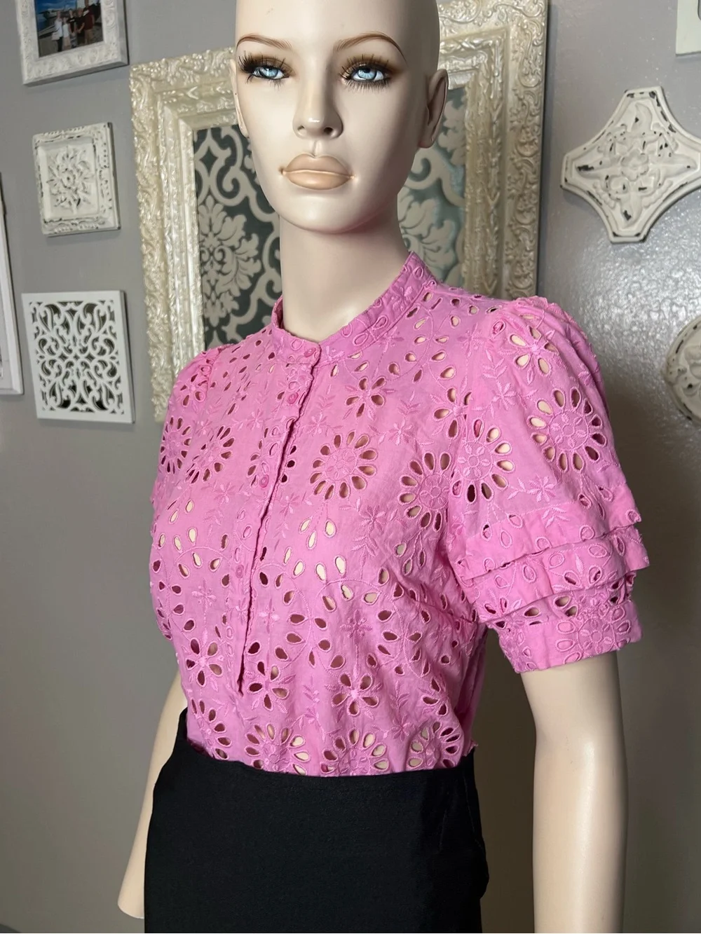 J. Crew Pink Eyelet Short puff Sleeve Blouse